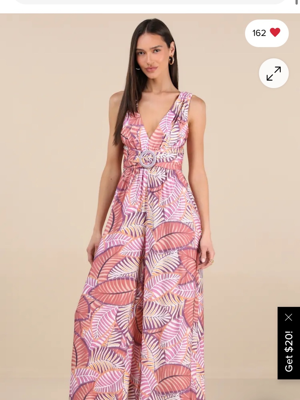 Lulus Emlyn Rose Pink Multi Leaf Print O-Ring Wide-Leg Jumpsuit
